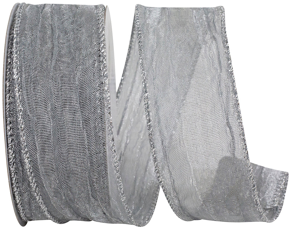 Silver Crushed Mesh Wired Edge Ribbon 1-1/2 Inch for Bows