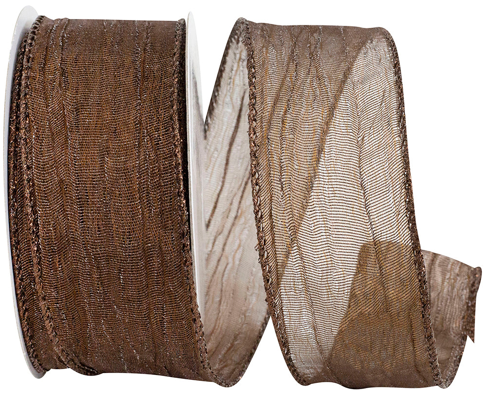 Chocolate 1-1/2 Inch Wired Edge Crushed Mesh Ribbon