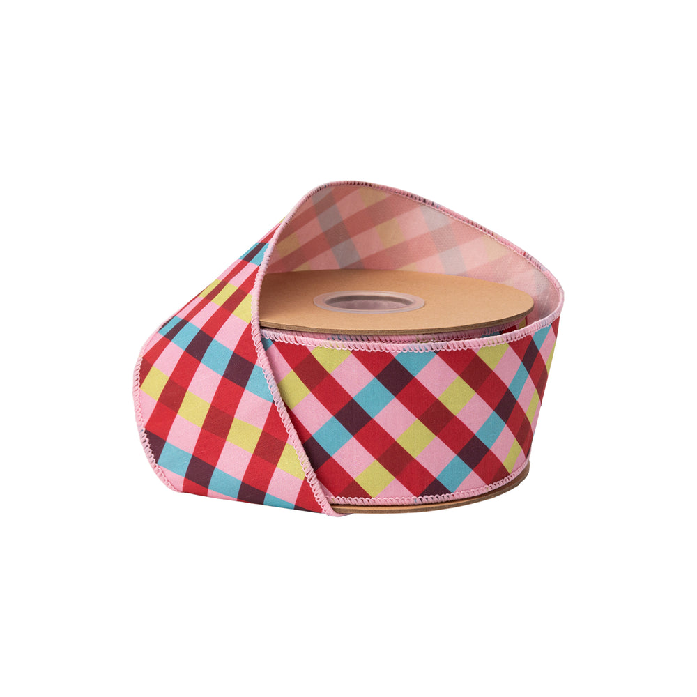 2 1/2" Wired Dupioni Ribbon | Pink/Red/Blue Bias Plaid W/ Pink Backing | 10 Yard Roll