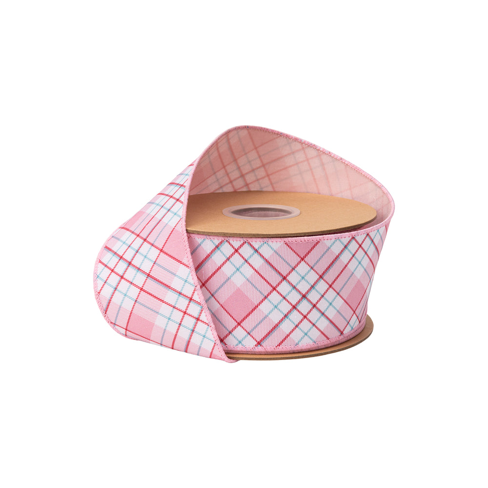 2 1/2" Wired Dupioni Ribbon | Pink/Red/White Bias Plaid W/ Pink Backing | 10 Yard Roll