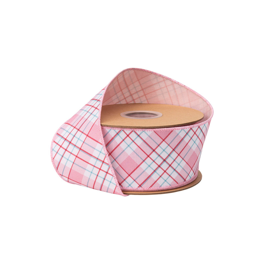 2 1/2" Wired Dupioni Ribbon | Pink/Red/White Bias Plaid W/ Pink Backing | 10 Yard Roll