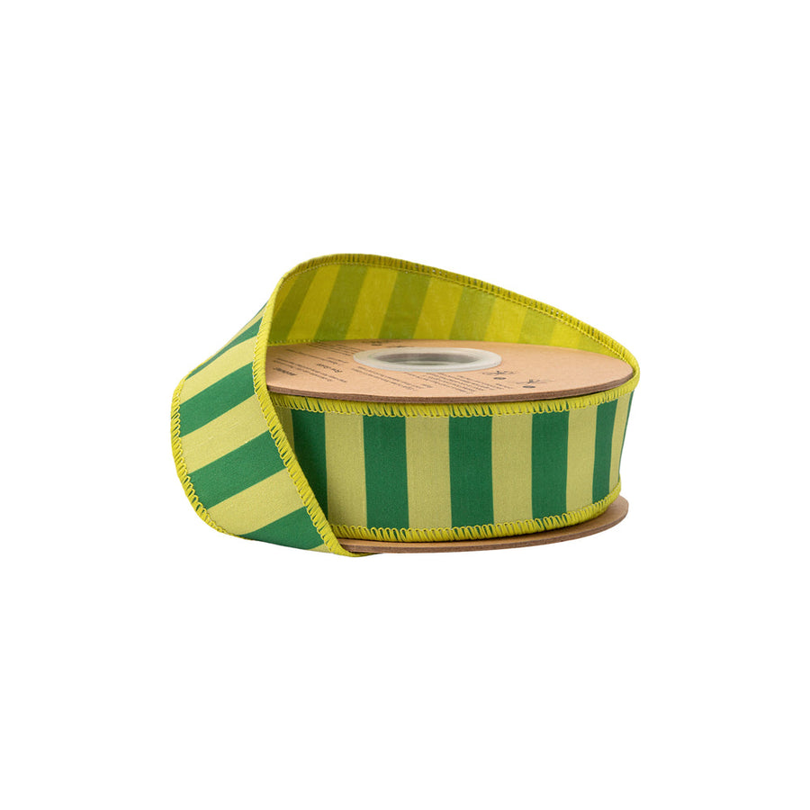 1 1/2" Wired Dupioni Ribbon | Green/Lime Horizontal Stripe W/ Green Backing | 10 Yard Roll