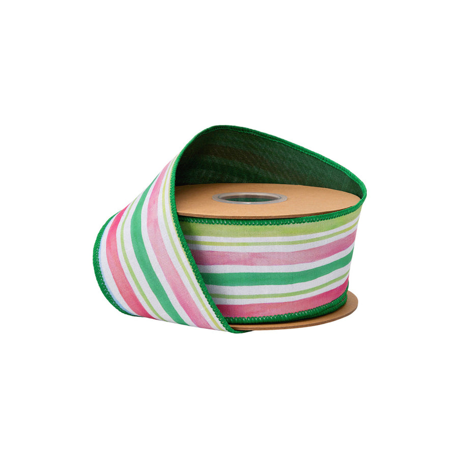 2 1/2" Wired Dupioni Ribbon | Pastel Stripes W/ Green Backing | 10 Yard Roll