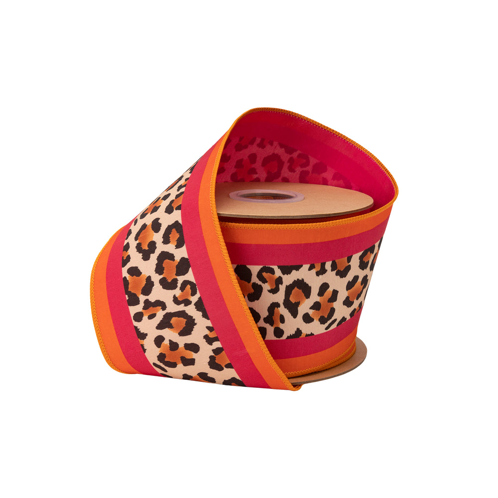 4" Wired Dupioni Ribbon | Animal Print Center W/ Pink/Orange Stripe W/ Pink Backing | 10 Yard Roll