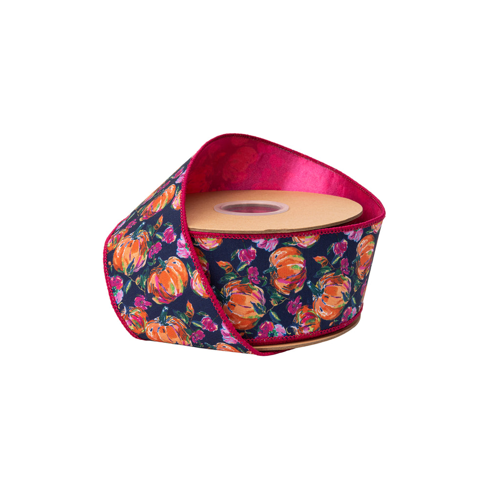 2 1/2" Wired Dupioni Ribbon | Pumpkins And Flowers On Blue W/ Satin Pink Backing | 10 Yard Roll