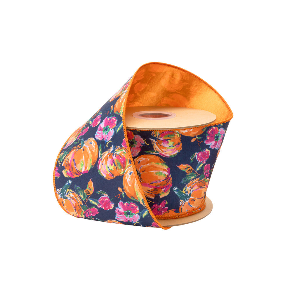 4" Wired Dupioni Ribbon | Pumpkins and Flowers on Blue w/ Satin Orange Backing | 10 Yard Roll