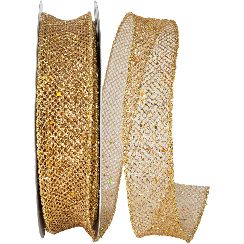 Gold Glitter Wired Edge Ribbon 1-1/2 Inch for Wreaths