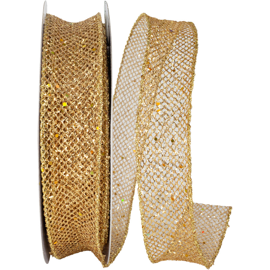 Gold Glitter Wired Edge Ribbon 1-1/2 Inch for Wreaths