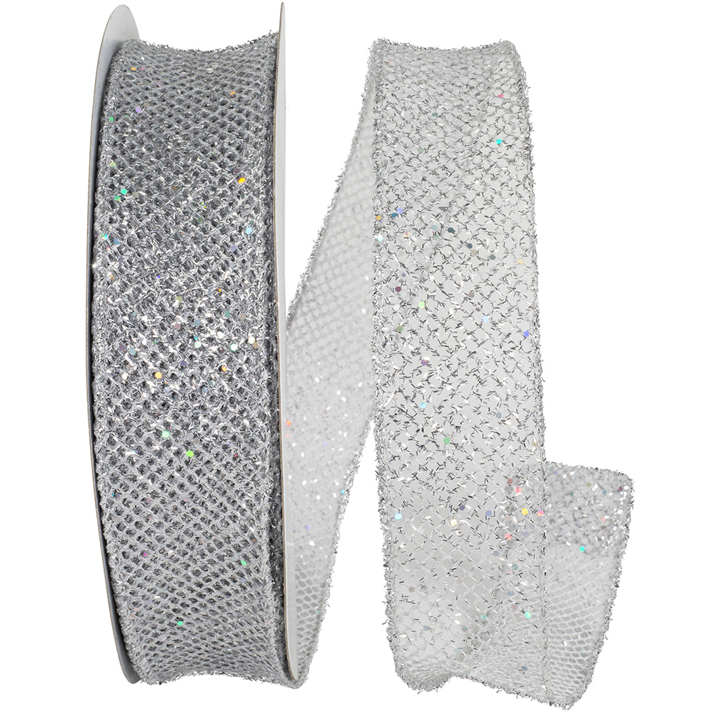 Silver Glitter Wired Edge Ribbon 1-1/2 Inch for Wreaths