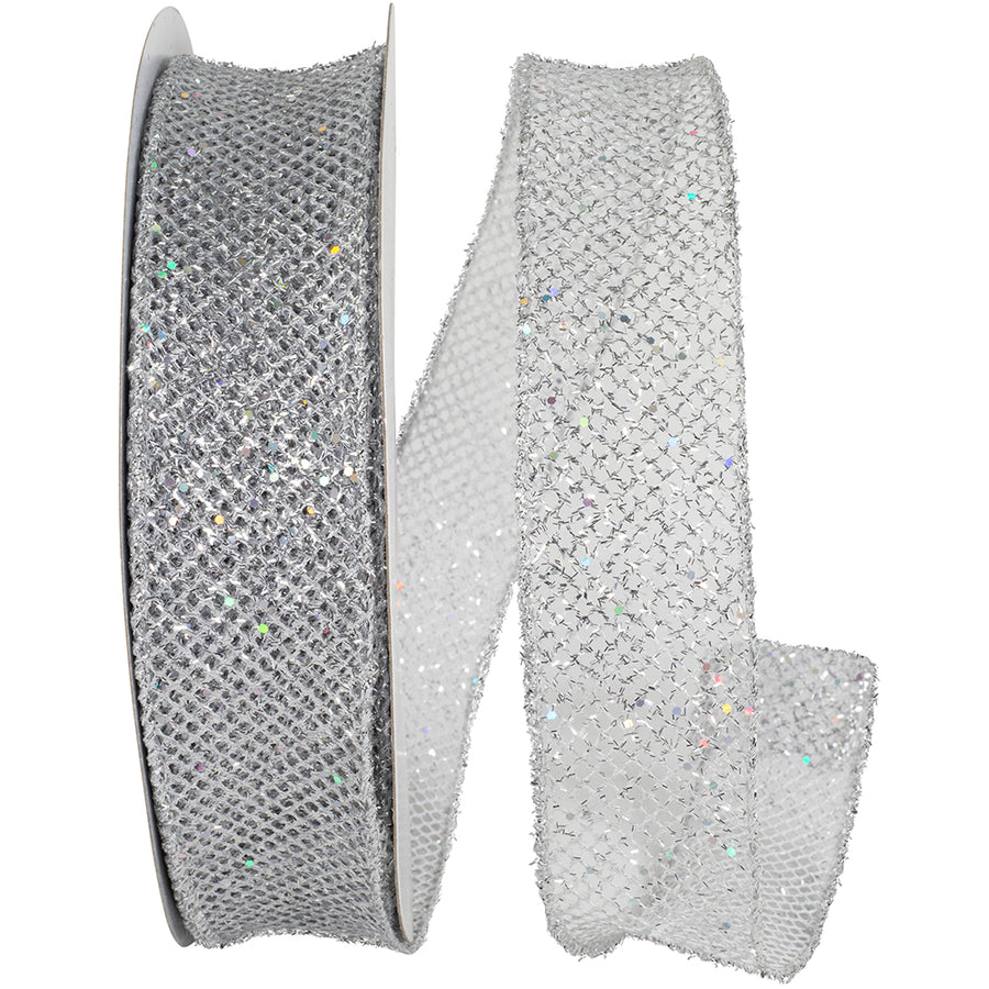 Silver Glitter Wired Edge Ribbon 1-1/2 Inch for Wreaths