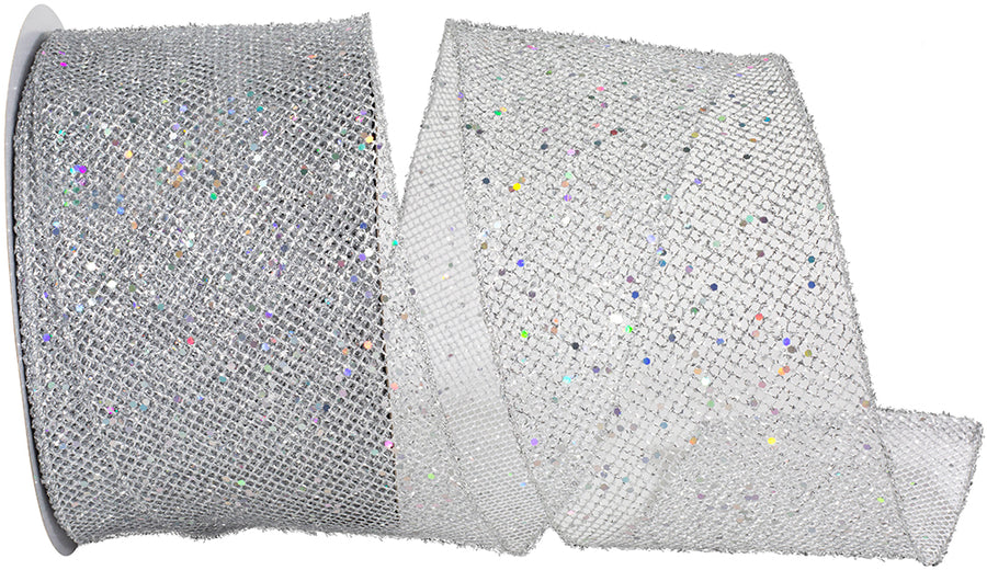 Silver Glitter Wired Edge Ribbon 4 Inch for Wreaths