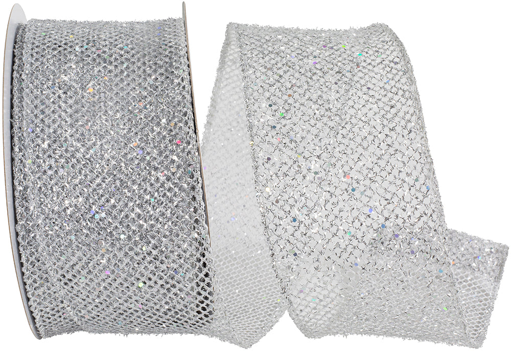 Silver Glitter Wired Edge Ribbon 2-1/2 Inch for Wreaths