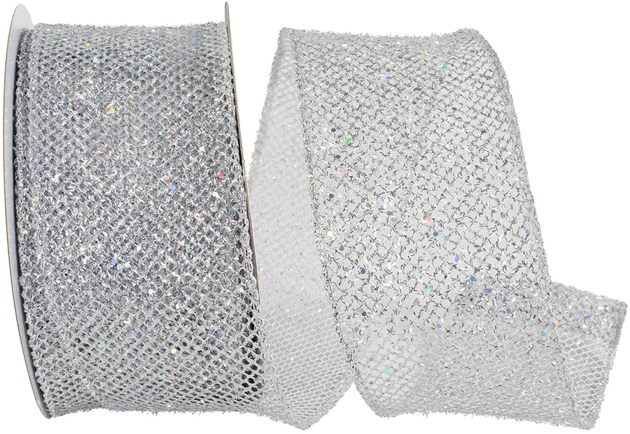 Silver Glitter Wired Edge Ribbon 2-1/2 Inch for Wreaths