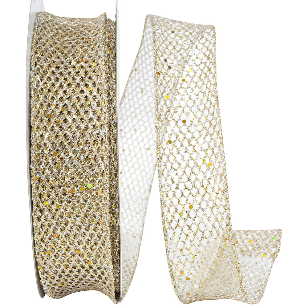 Gold Silver Grand Net Glitter Wired Edge Ribbon 1-1/2 Inch