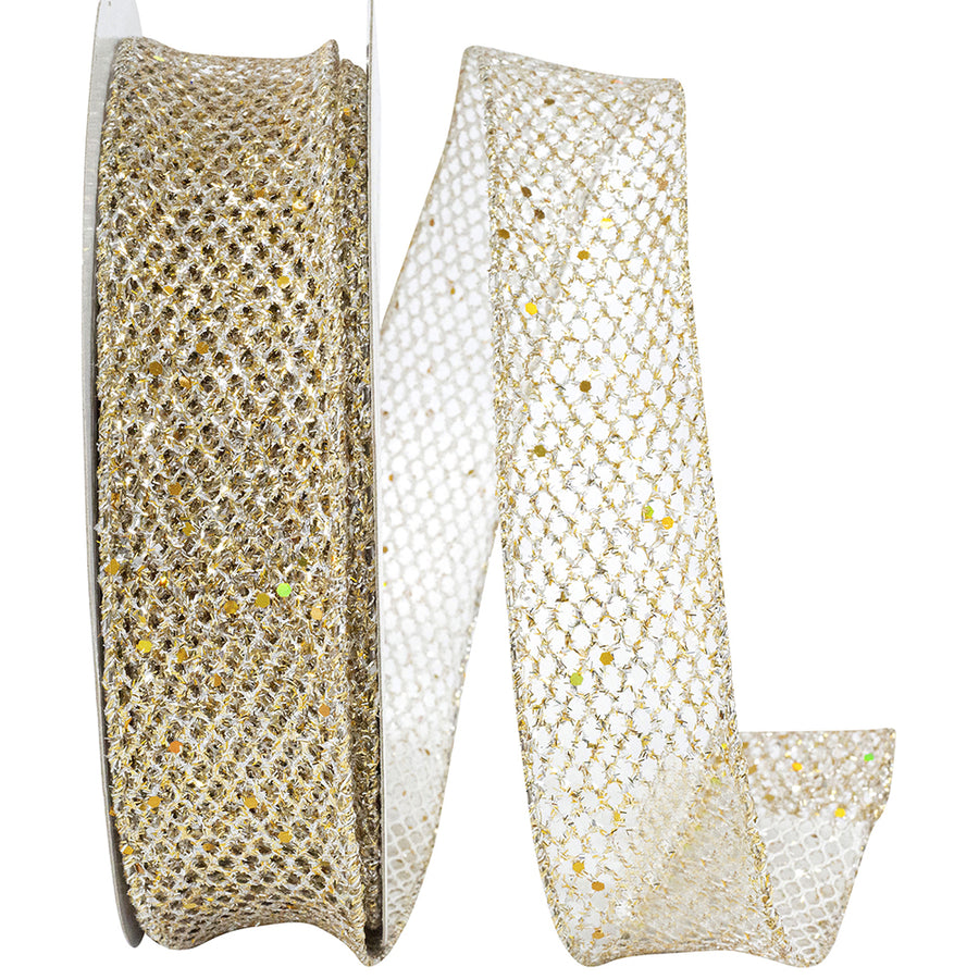 Gold Silver Grand Net Glitter Wired Edge Ribbon 1-1/2 Inch