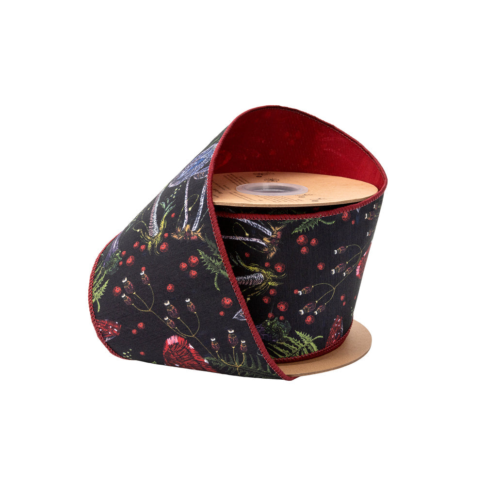 4" Wired Dupioni Ribbon | Jewel Tone Mushrooms on Black w/ Red Backing | 10 Yard Roll