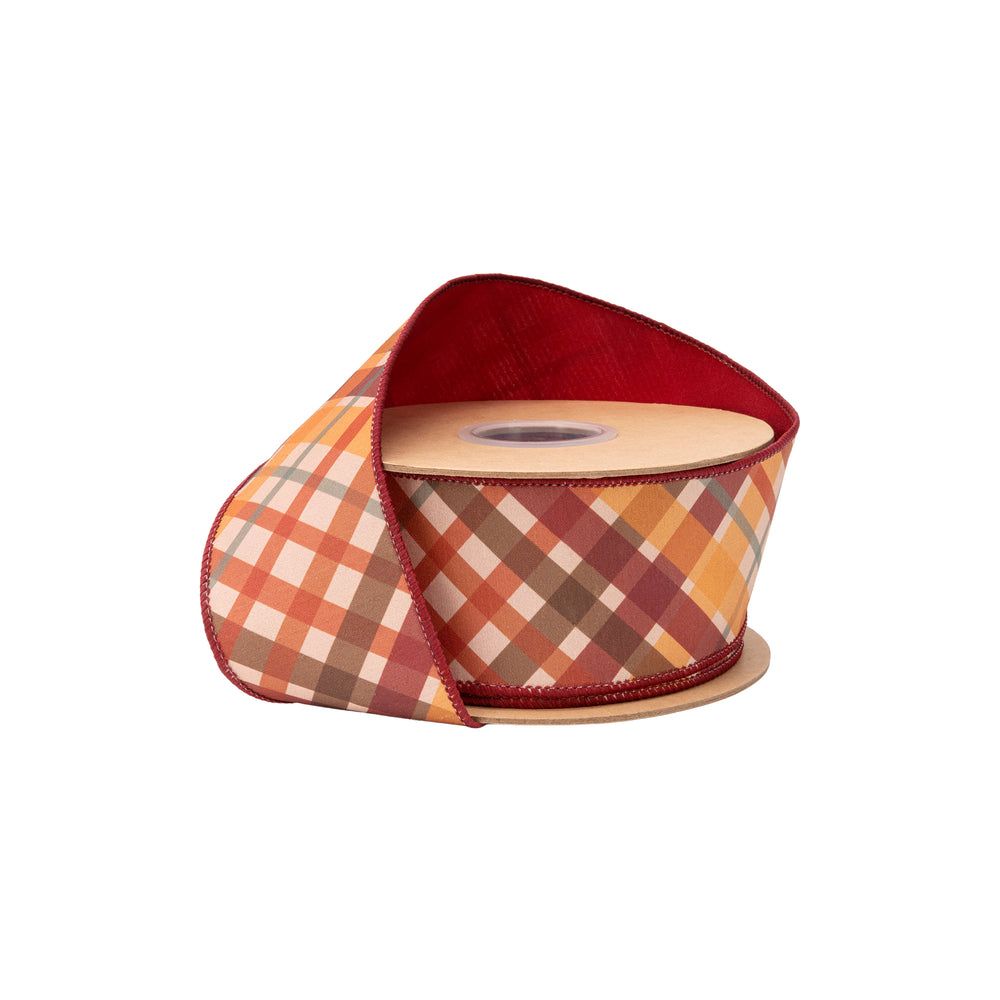 2 1/2" Wired Dupioni Ribbon | Red/Orange Bias Plaid W/ Red Backing | 10 Yard Roll