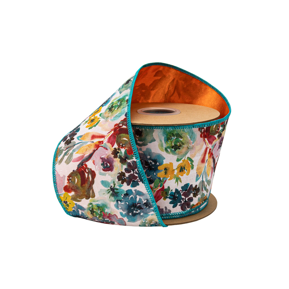 4" Wired Dupioni Ribbon | Aqua And Orange Floral W/ Satin Orange Backing | 10 Yard Roll