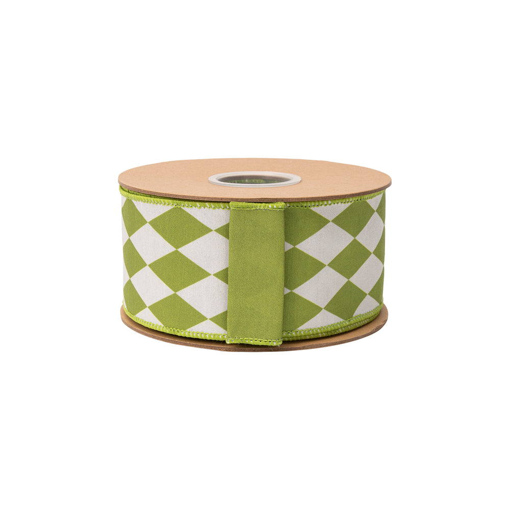 2 1/2" Wired Dupioni Ribbon | Green Diamonds On Cream W/ Green Backing | 10 Yard Roll