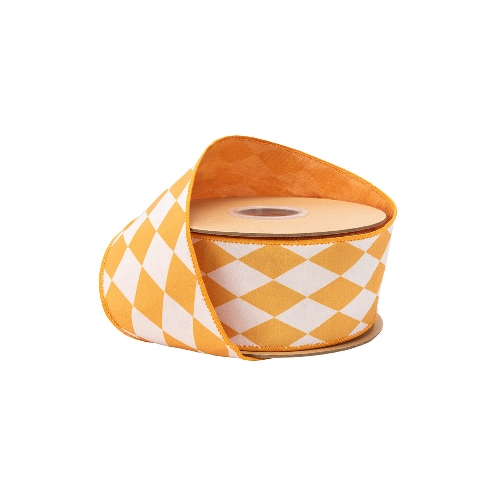 2 1/2" Wired Dupioni Ribbon | Orange Diamonds On Cream W/ Orange Backing | 10 Yard Roll