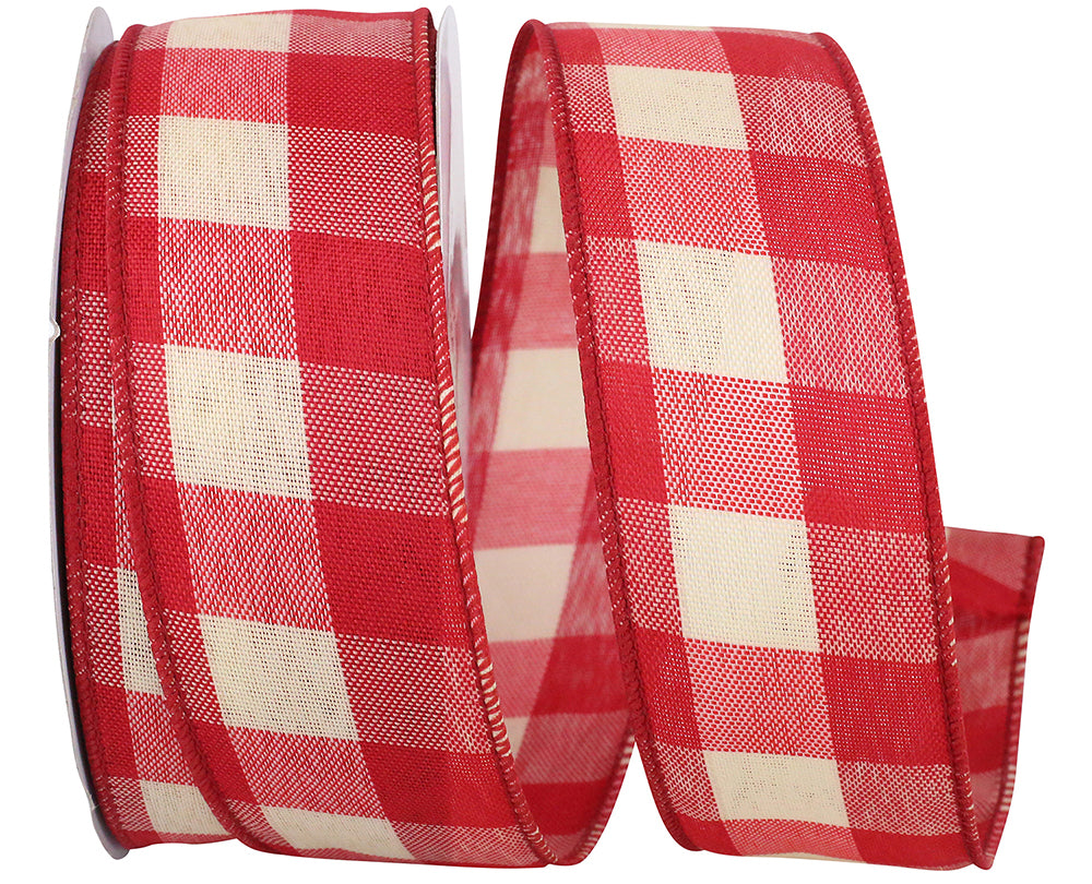 Red 1-1 2 Inch Tea-Dye Check Country Lg Wired Edge Ribbon for Wreaths & Bows