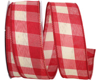 Red 1-1 2 Inch Tea-Dye Check Country Lg Wired Edge Ribbon for Wreaths & Bows