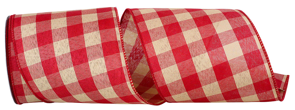Red 4 Inch Tea-Dye Check Country Lg Wired Edge Ribbon for Wreaths & Bows