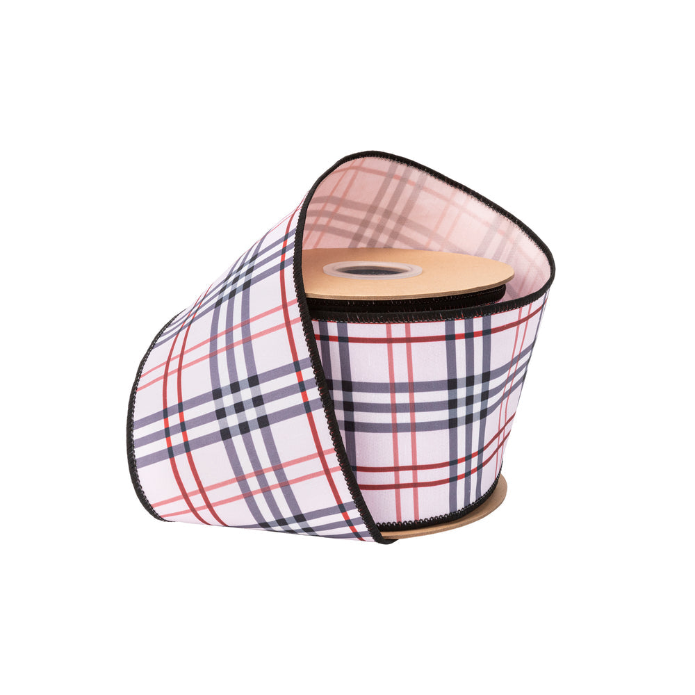 4" Wired Dupioni Ribbon | Light Pink Fashion Plaid W/ Pink Backing | 10 Yard Roll