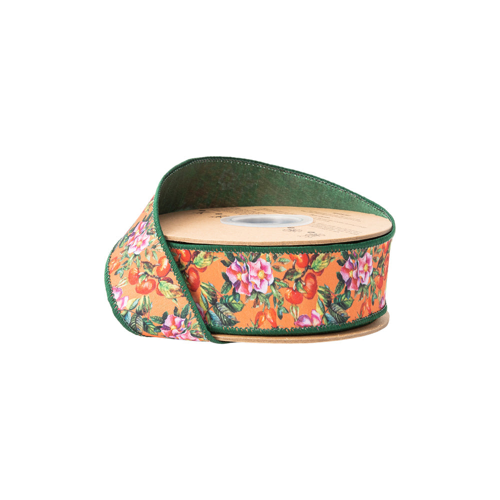 1 1/2" Wired Dupioni Ribbon | Fall Floral On Orange W/ Green Backing | 10 Yard Roll