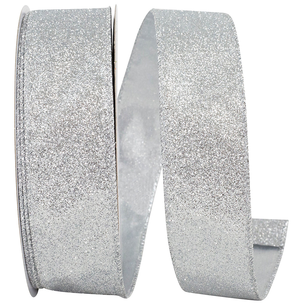 Silver Glitter Metallic Wired Edge Ribbon 1-1/2 Inch