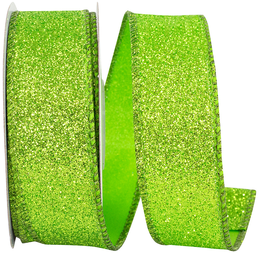 Lime Glitter Metallic Wired Edge Ribbon 1-1/2 Inch 10 Yards