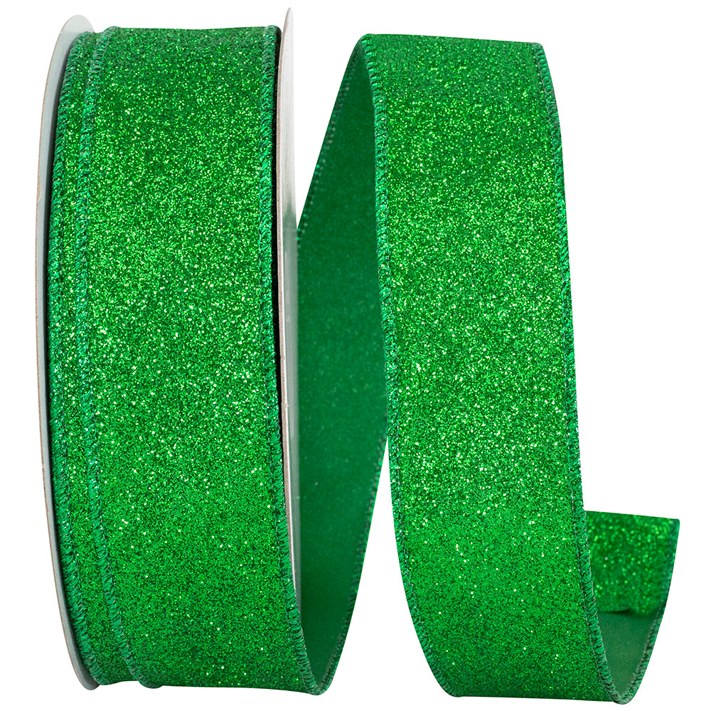 Emerald Glitter Metallic Wired Edge Ribbon 1-1/2 Inch