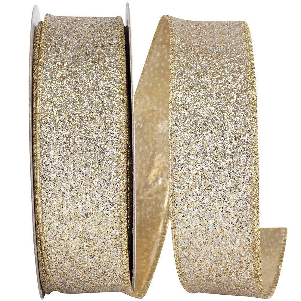 Glitter Metallic Wired Edge Ribbon Gold Silver 1-1/2 Inch