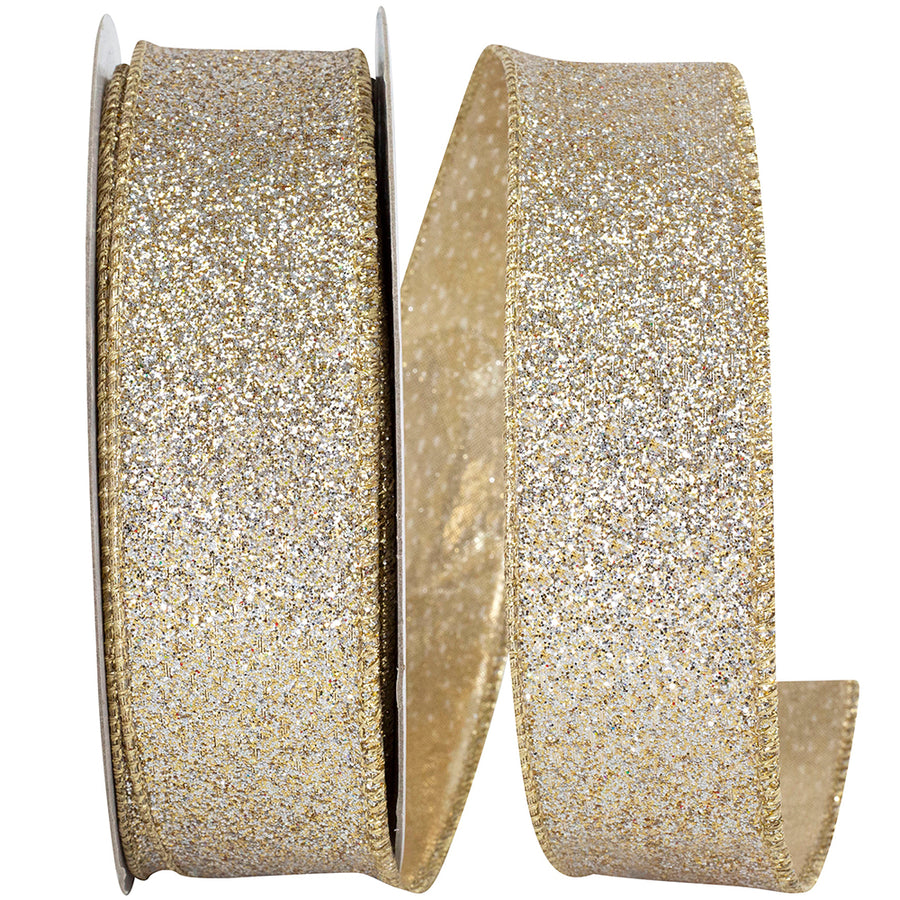 Glitter Metallic Wired Edge Ribbon Gold Silver 1-1/2 Inch