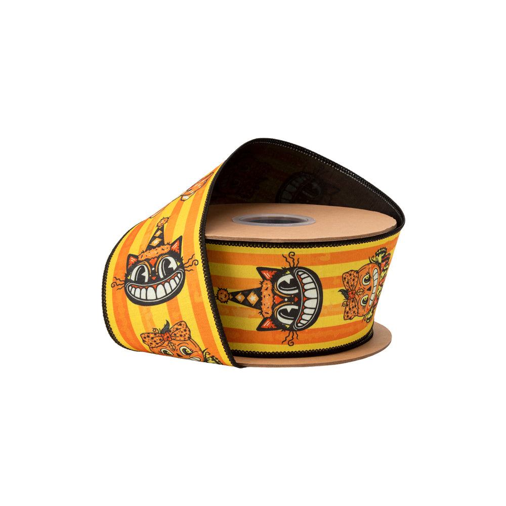 2 1/2" Wired Dupioni Ribbon | Vintage Halloween Faces On Stripes W/ Black Backing | 10 Yard Roll