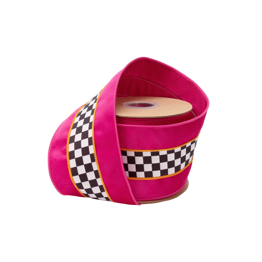 4" Wired Velvet Plain Weave Fabric Ribbon | Black/White Checks With Pink/Orange Stripe W/ Pink Backing | 10 Yard Roll