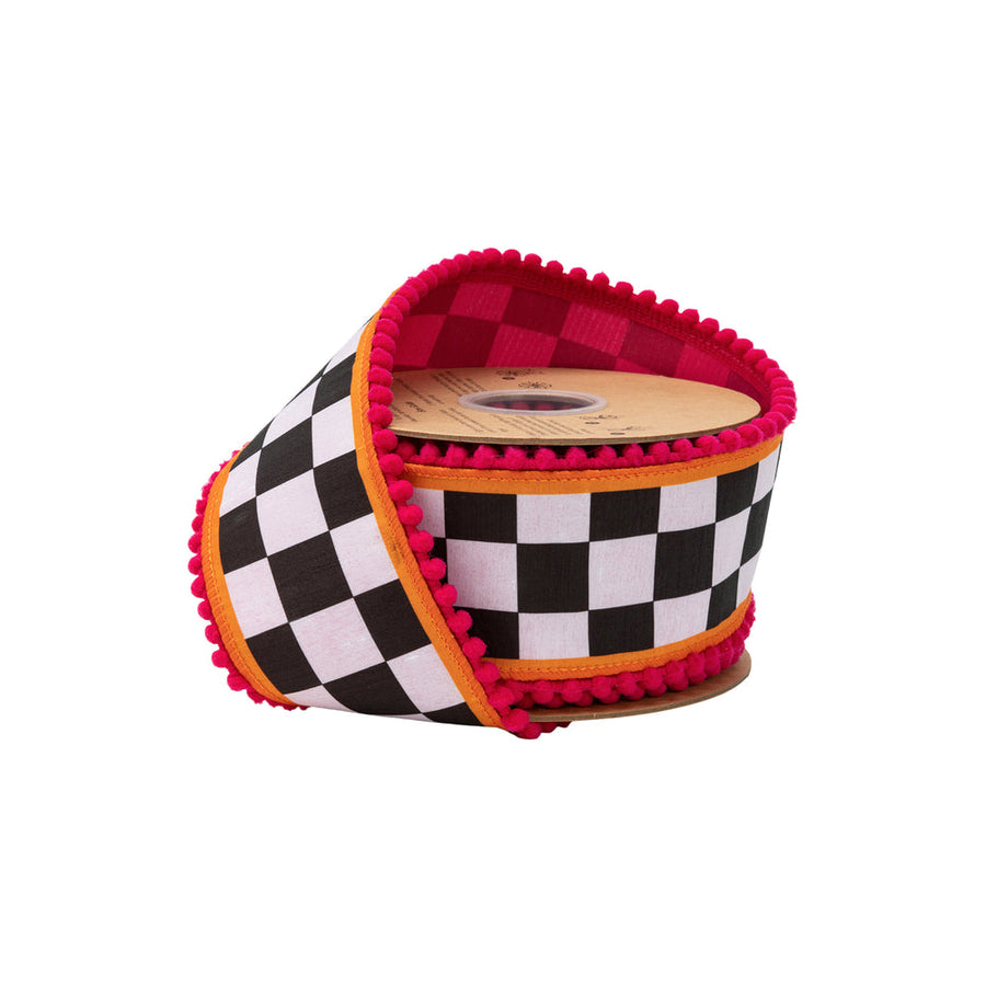2 1/2" Wired Dupioni Ribbon | Large Black/White Check With Orange And Pink Pom Pom Edging W/ Pink Backing | 10 Yard Roll