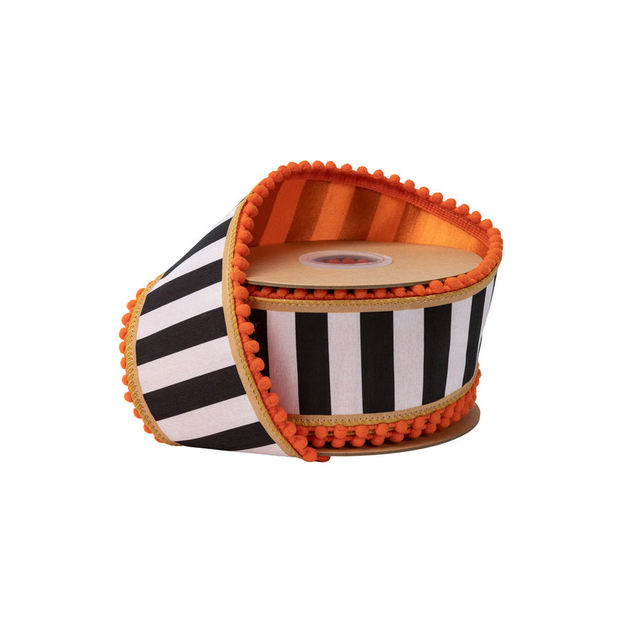 2 1/2" Wired Dupioni Ribbon | Black/White Stripe W/ Gold And Orange Pom Pom Edging W/ Satin Orange Backing | 10 Yard Roll