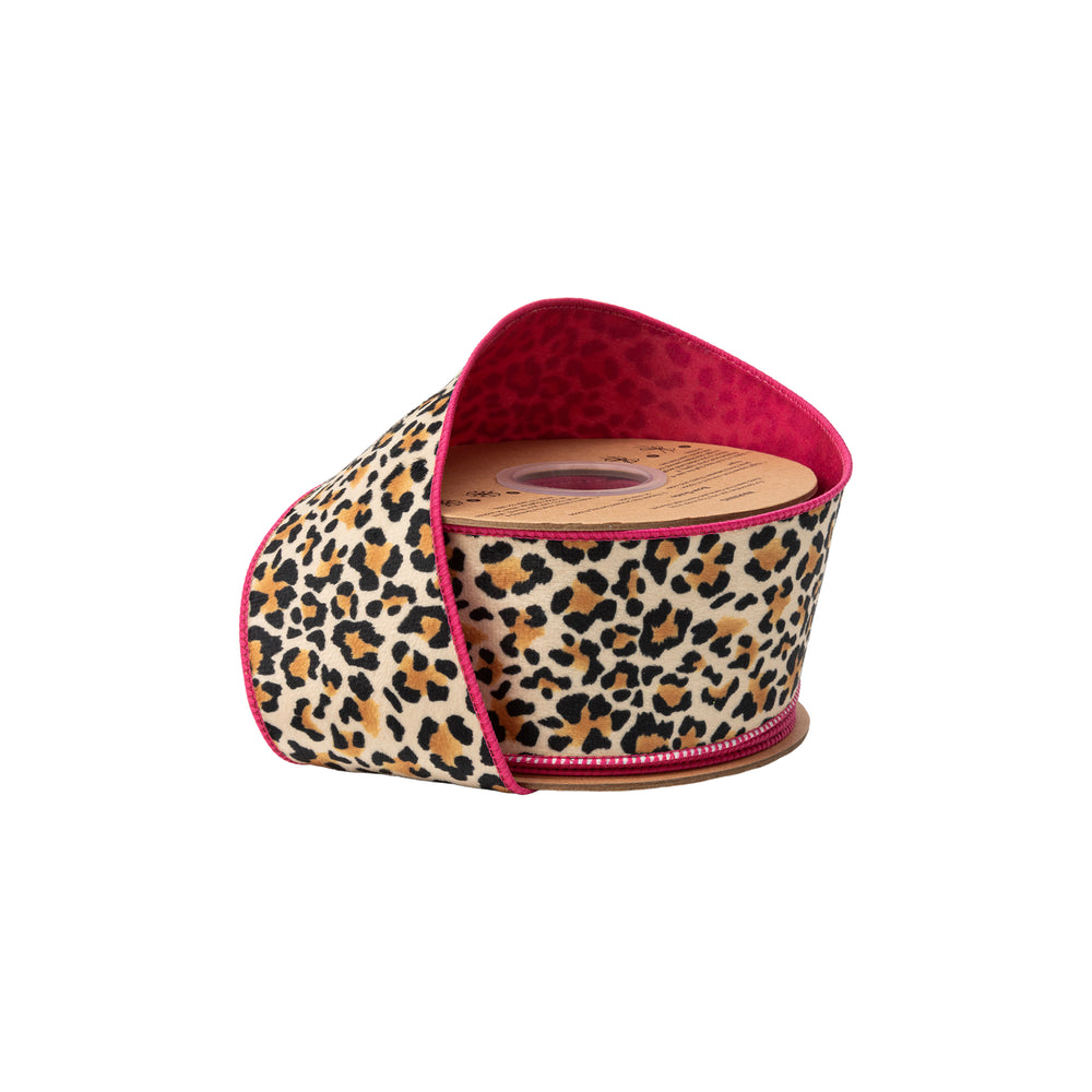 2 1/2" Wired Velvet Ribbon | Animal Print W/ Pink Backing | 10 Yard Roll