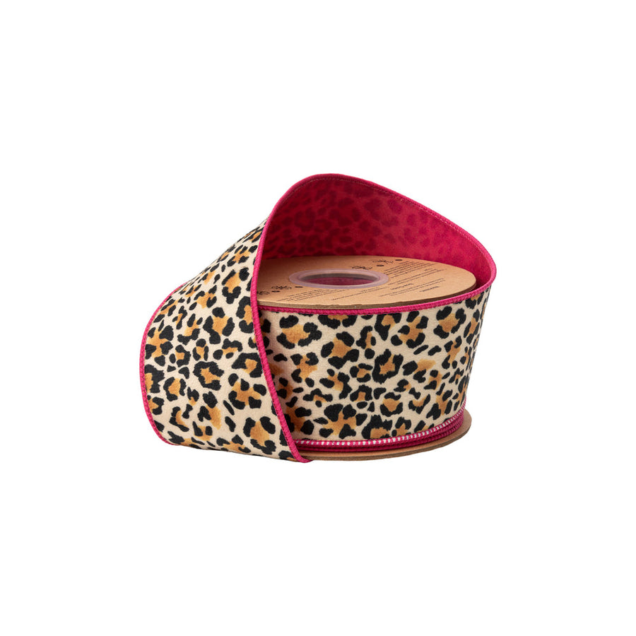 2 1/2" Wired Velvet Ribbon | Animal Print W/ Pink Backing | 10 Yard Roll