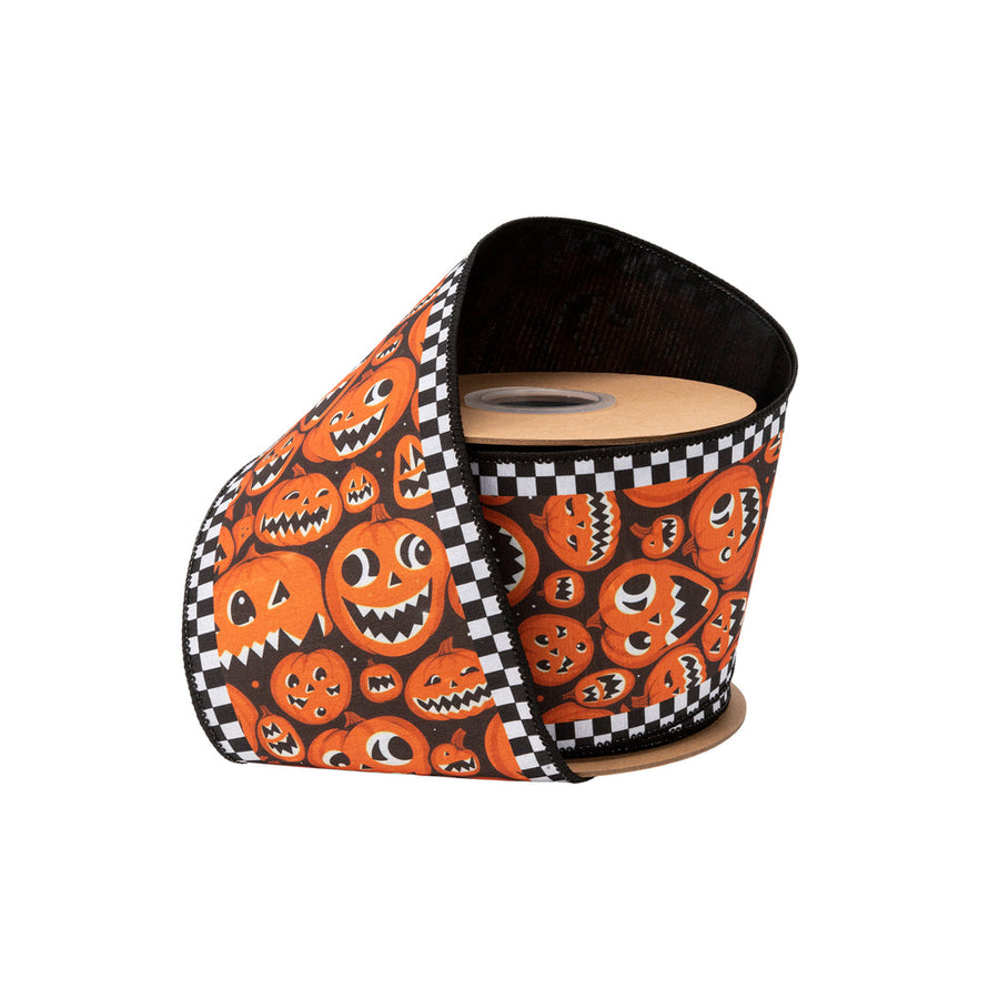 4" Wired Dupioni Ribbon | Jack-O-Lanterns And Check Edging W/ Black Backing | 10 Yard Roll