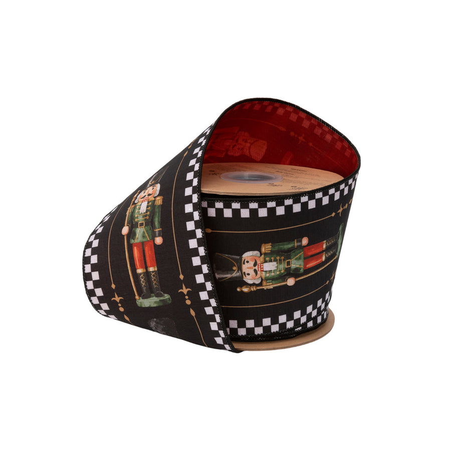 4" Wired Dupioni Ribbon | Black/White Check Nutcracker On Black W/ Red Backing | 10 Yard Roll