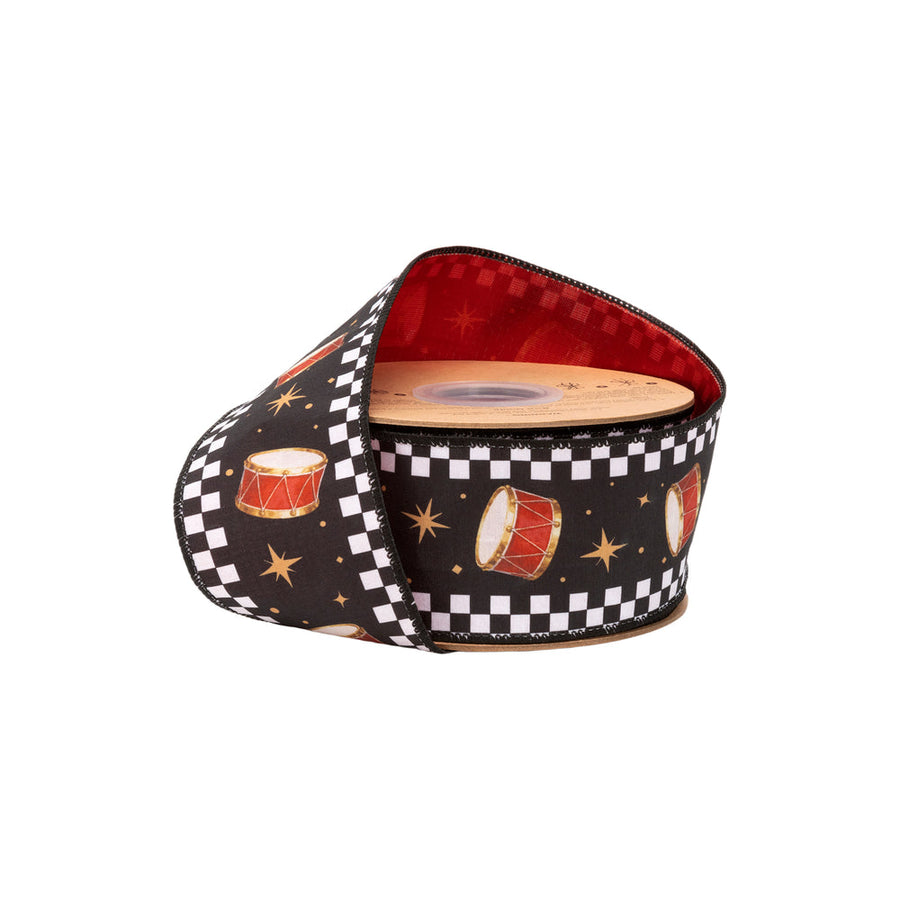 2 1/2" Wired Dupioni Ribbon | Black/White Check Drums On Black W/ Red Backing | 10 Yard Roll
