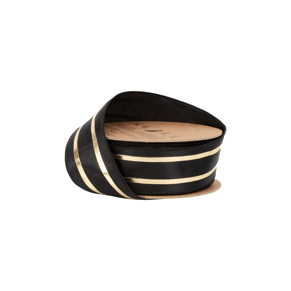 1 1/2" Wired Ribbon | Black And Gold Stripe | 10 Yard Roll