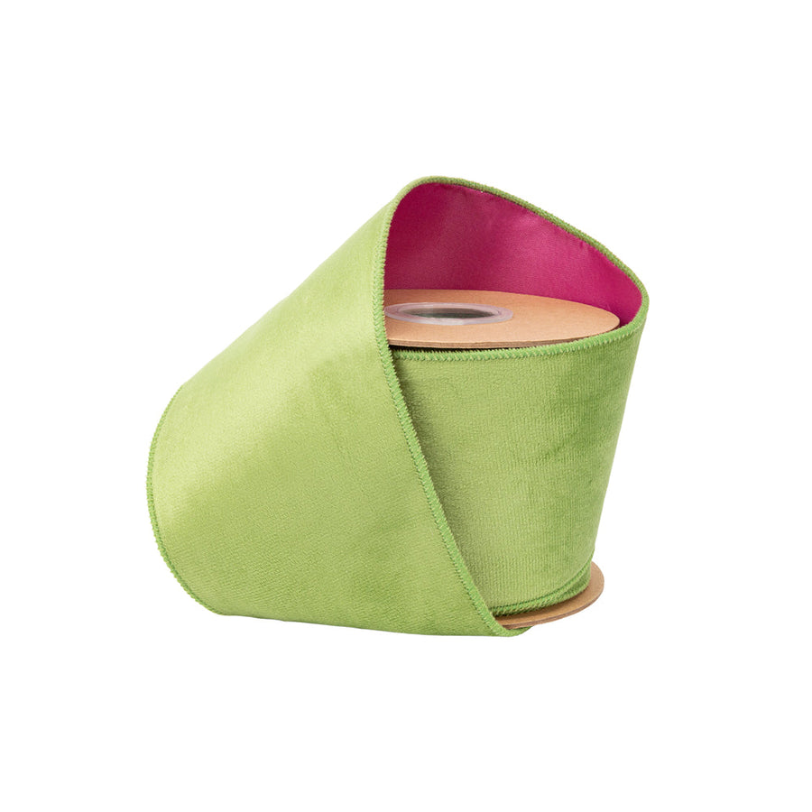 4" Wired Velvet Ribbon | Lime Green w/ Fushcia Backing | 10 Yard Roll