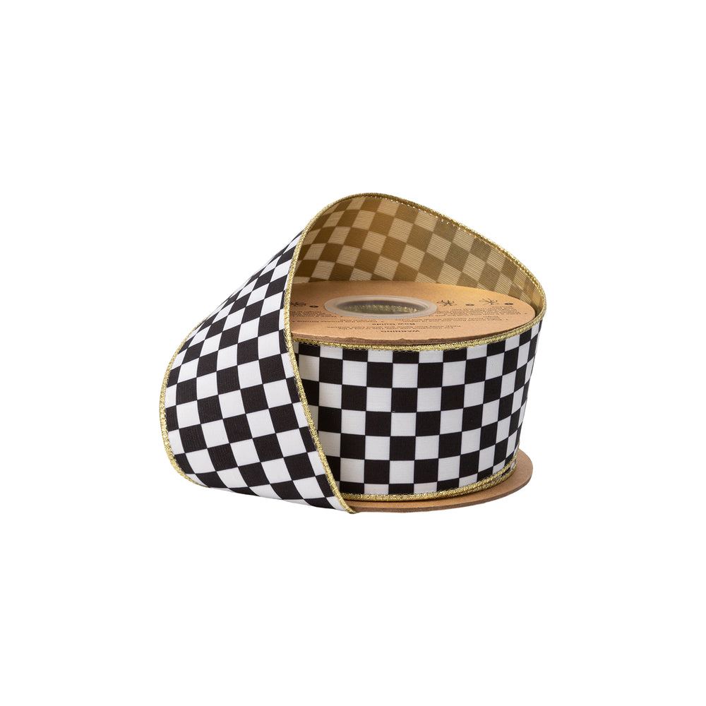 2 1/2" Wired Velvet Ribbon |Black/White Check W/ Gold Backing | 10 Yard Roll