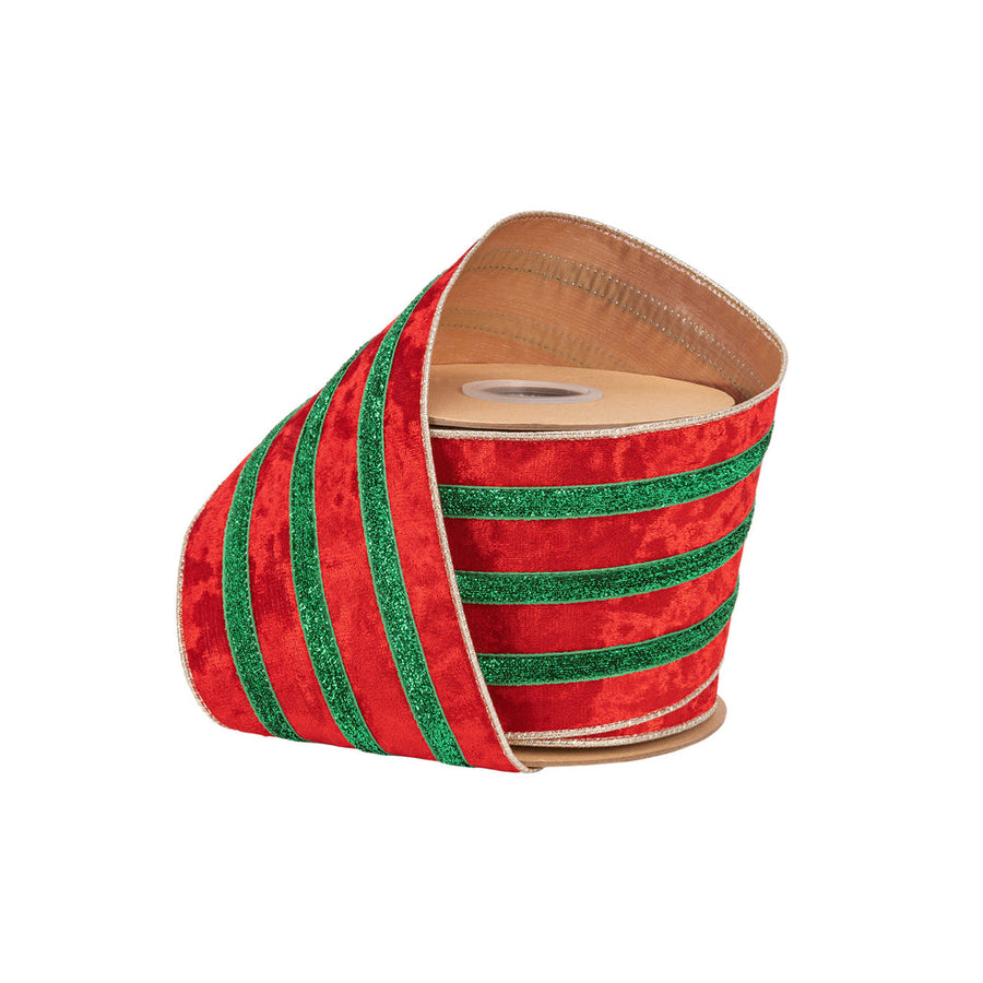 4" Wired Velvet Ribbon | Red w/ Green Metallic Trim w/ Gold Backing | 10 Yard Roll