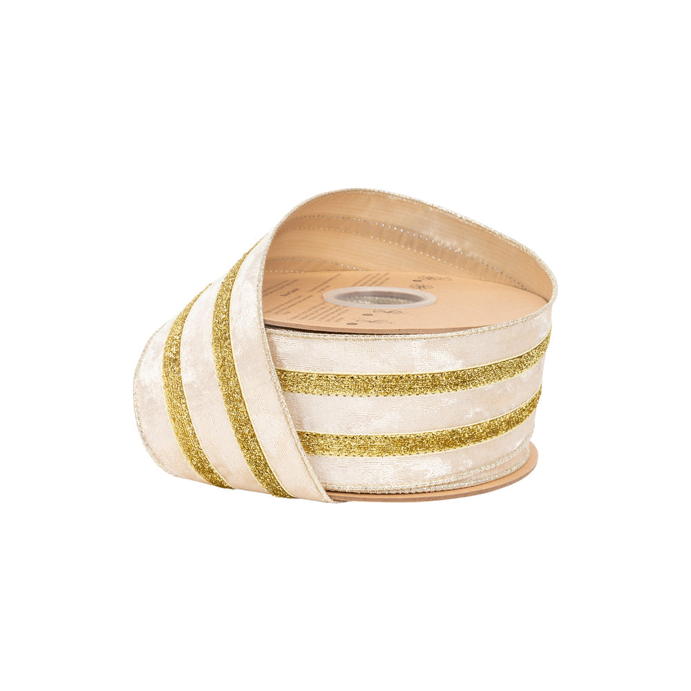 2 1/2" Wired Velvet Ribbon | Ivory Velvet w/ Gold Metallic Trim w/ Gold Backing | 10 Yard Roll