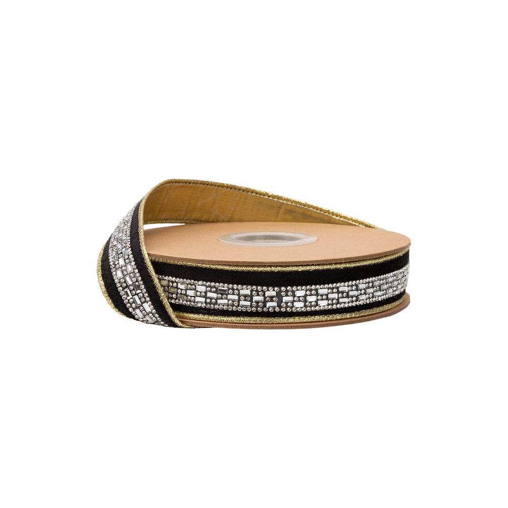 1” Reversible Classic Velvet Wired Ribbon | Black W/ Diamond Accent W/ Gold Shimmer Backing | 10 Yard Roll