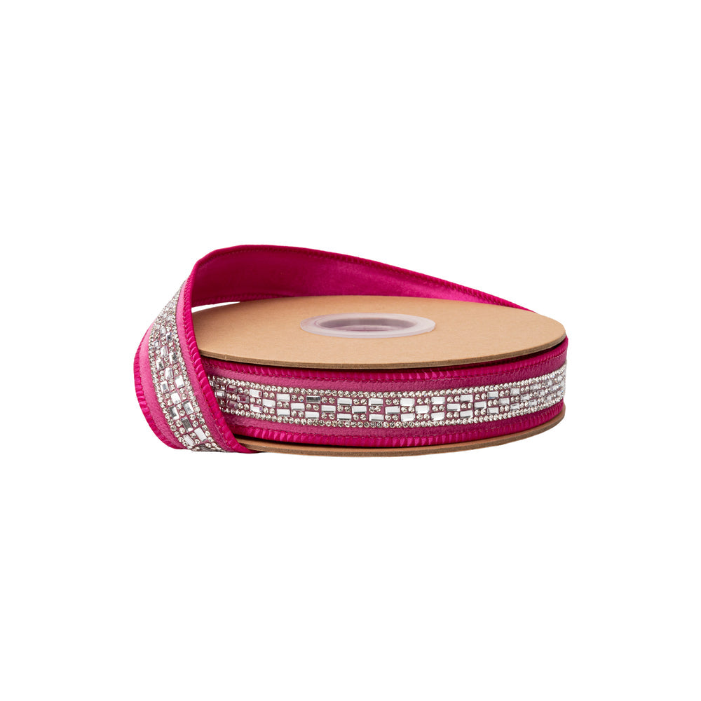 1” Reversible Classic Velvet Wired Ribbon | Red W/ Diamond Accent W/ Gold Shimmer Backing | 10 Yard Roll